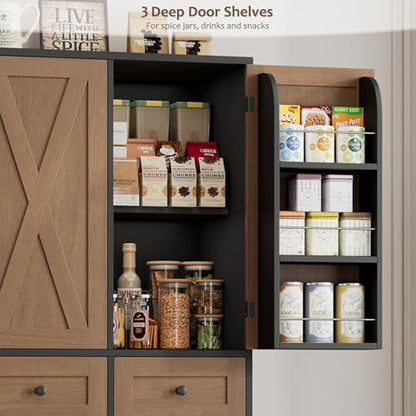 HOSTACK 67"H Farmhouse Kitchen Pantry Storage Cabinet with 3 Drawers, Brown | Large Food Pantry Cabinet with Swing-Out Door Rack & Adjustable Shelf for Kitchen, Dining room, Living room - color: Brown/Black