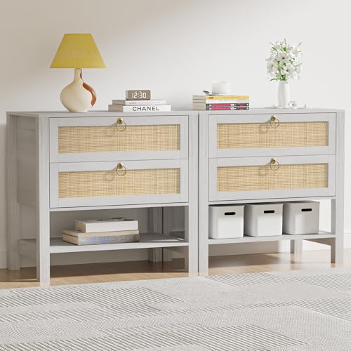 Rattan Nightstand Set of 2 with 2 Drawers and Storage Shelf, 26” Tall Boho Night Stand, Wood Large Bedside Table with Golden Handle for Bedroom, Side Table, White and Oak with Grey Wood Texture - color: Tb-white, size: 2 PCS