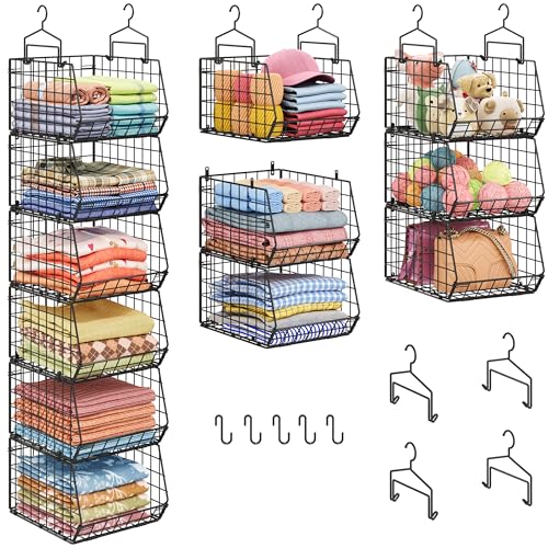 6-Tier Extended Depth Hanging Closet Organizers and Storage for Closet Organization, Stackable Hanging Shelves with Hooks for Clothes Sweaters Towels Purses, Fits Closet Shelves & Wire Metal Shelving - color: Black, size: 6-Tier