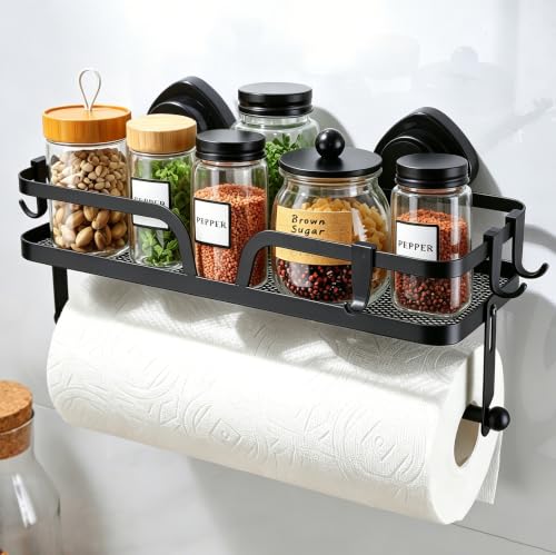 Taozun Paper Towel Holder Wall Mount Suction Cup Easy Install | 2-in-1 Shelf + Paper Towel Holder, Suction Cup No-Drill, Kitchen & Bathroom, Rustproof, Removable & Reusable - style: SP004-SC