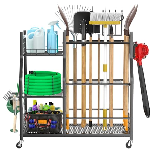 WALMANN Garden Tool Organizer with Wheels for Garage, Large Storage Capacity, Rakes/Shovels/Yard Tools Storage Stand for Shed, Garden, Indoor/Outdoor Long-Handled Tools Rolling Cart - style: Large-stand