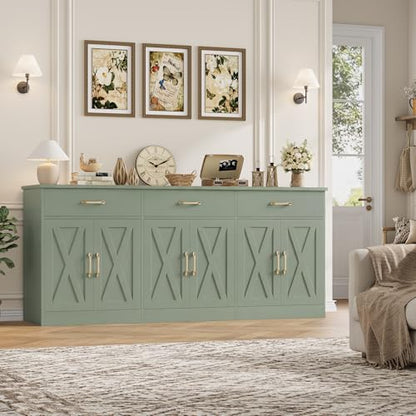 HOSTACK 71"W Farmhouse Kitchen Sideboard Buffet Cabinet with Storage, Green | Large Coffee Bar Cabinet with 3 Wide Drawers, Long Buffet Table with Shelves, Kitchen Storage Cabinet for Dining Room - color: Green