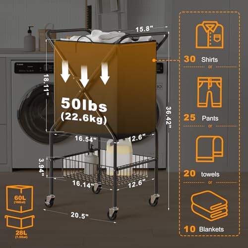 Laundry Basket with Wheels:88L Rolling Laundry Cart Foldable Metal Frame Dirty Clothes Laundry Hamper 36"H 4 Caster 2 Brake Waterproof Removable Liner Carry Handle for Dorm Laundry Room,Black - color: Black