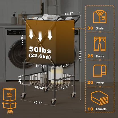 Laundry Basket with Wheels:88L Rolling Laundry Cart Foldable Metal Frame Dirty Clothes Laundry Hamper 36"H 4 Caster 2 Brake Waterproof Removable Liner Carry Handle for Dorm Laundry Room,Black - color: Black