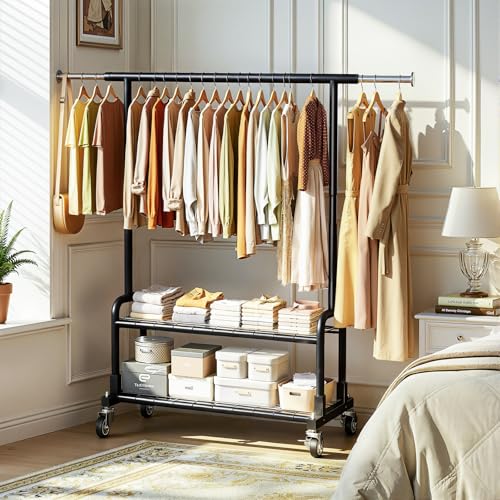 Luxspire Rolling Heavy Duty Clothes Rack with 2 Sturdy Shelves Load 600 LBS | Zinc-iron alloy frame, lockable silent wheels, adjustable extendable rods for bedroom and laundry room garment storage - color: Black