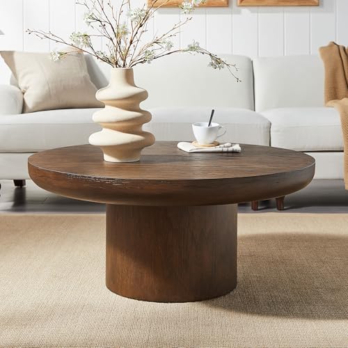 Round Coffee Table 36" Wood for Living Room Large Modern Solid Wooden Drum Circle Farmhouse Center Mid-Century Sofa Side Coffee Tables for Apartment Home Furniture Cocktail Tea Brown Easy Assemble - color: 36" Brown