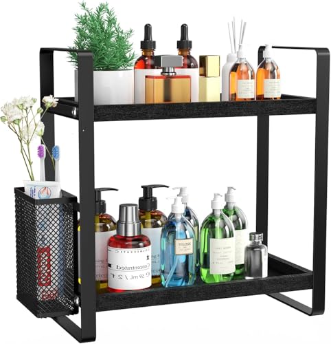 LEMIKKLE Bathroom Organizer Countertop, Counter Organizer for Bathroom Decor, Wooden Sink Shelf for Vanity Storage, Makeup Tray for Perfume Skincare Bedroom Kitchen Corner (Black) - color: Black