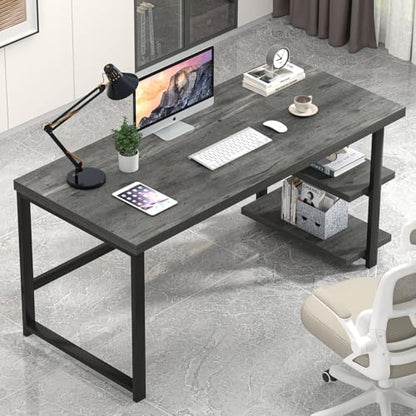 EXCEFUR Industrial Computer Desk, Home Office Desk with Storage Shelves, Wood Study Writing Table for Bedroom, Living Room, Grey, 53 Inch - color: Grey