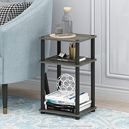 Furinno JUST Side Table Set of 2, 3-Tier Modern End Tables, Open Shelves Night Stand, Nightstand Set, Toolless Assembly, for Living Room, Bedroom, French Oak - color: French Oak Grey/Black, size: 3-Tier, Round Pole, style: 2-Pack