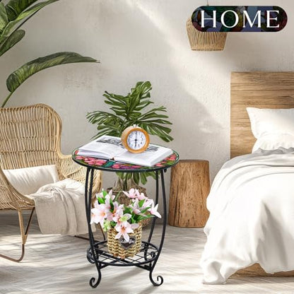 Cinnvoice Outdoor Side Table Round Small Mosaic Patio Accent Indoor End Plant Coffee Tea Table for Yard Patio Porch Garden Living Room, Bedroom(Hummingbird Style,18 Inch) - size: 18 Inch, style: Hummingbird Style