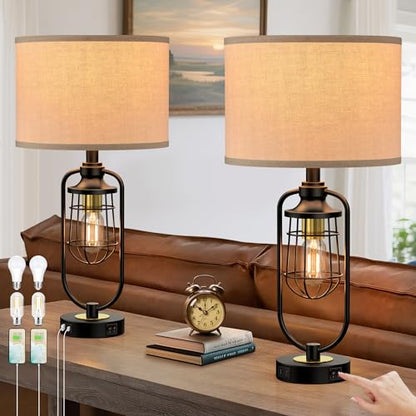 Table Lamps for Living Room Set of 2, Farmhouse Lamps for Night Stands, Industrial Bedside Lamps for Bedroom End Table with USB A+C, Bulbs Included - color: Black-Gold