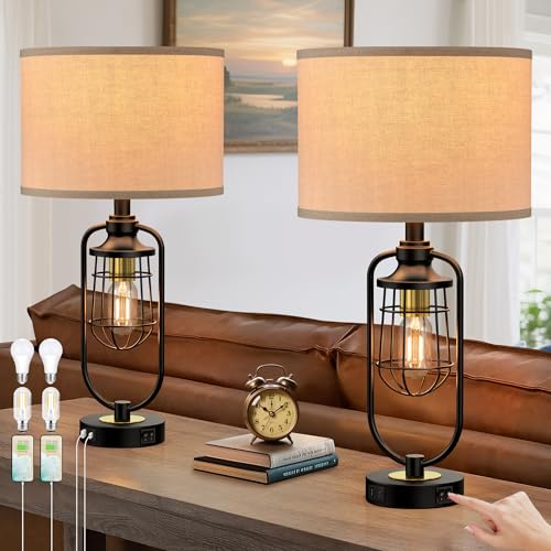 Table Lamps for Living Room Set of 2, Farmhouse Lamps for Night Stands, Industrial Bedside Lamps for Bedroom End Table with USB A+C, Bulbs Included - color: Black-Gold