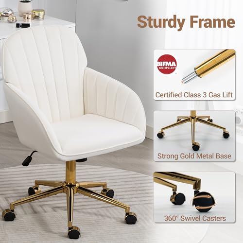 Velvet Make Up Vanity Chair with Wheels and Gold Base 330 Lbs - Beige | Home office Chair, Study Chair, Teacher Chair, Cute Chair, Height Adjustable Swivel Desk Chair, for Living Room Study Room - color: Beige