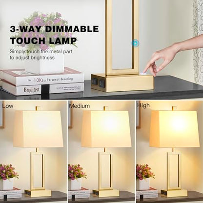 Rinweey 23.5" Touch Control Table Lamps Set of 2, Modern Gold Bedside Lamps with USB A+C Ports & AC Outlet, 3 Way Dimmable Contemporary Nightstand Lamps for Bedroom Living Room(2 LED Bulb Included) - color: Gold