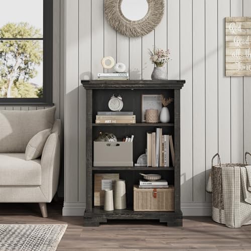 3-Tier Farmhouse Bookshelf, Book Shelf with Open Storage & One Adjustable Shelf, 9.8" D x 26" W x 38" H, Wooden Bookshelf for Study Room, Living Room, Kitchen, Bedroom (Black) - color: Black
