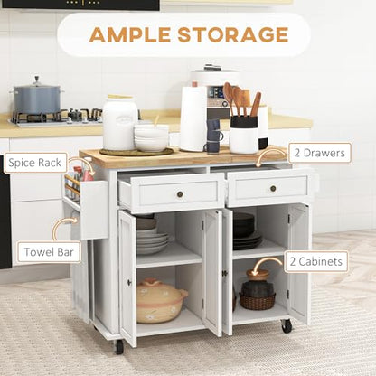 HOMCOM Kitchen Island Cart with Solid Wood Top, 44" Mobile Kitchen Island Table on Wheels with Storage Cabinets, 2 Drawers, Adjustable Shelves, Spice Rack & Towel Bar for Dining Room, Distressed White - color: Distressed White