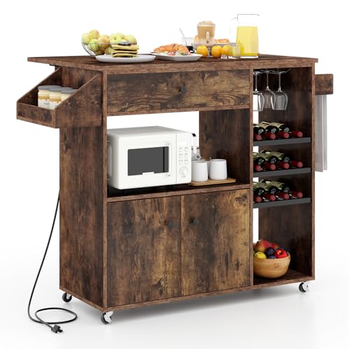 Giantex Rolling Kitchen Island Cart with Drop Leaf, Power Outlet, Spice Rack, 12 Wine Rack, Glass Holder, Drawer, Storage Cabinet, Towel Rack, Island Table for Breakfast Coffee Bar (Rustic Brown) - color: Rustic Brown