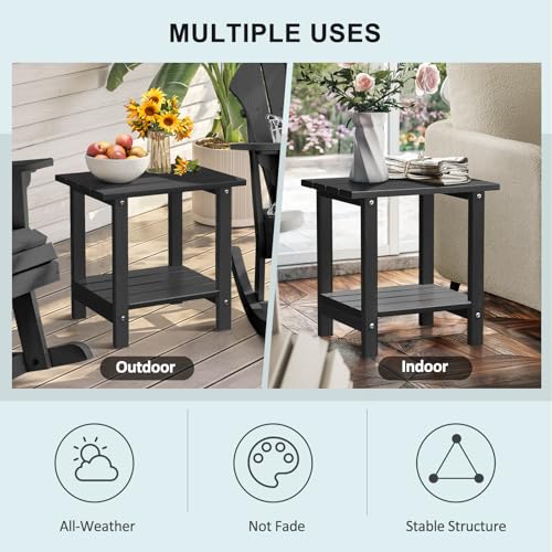 Adirondack Outdoor Side Table with Wood-Like Grain, 16.6" Small Patio End Table, 2-Tier HDPE Plastic Table for Poolside Porch Garden, Weather Resistant & Easy Assembly (Black, Rectangle) - color: Black-wood Like, style: Rectangle