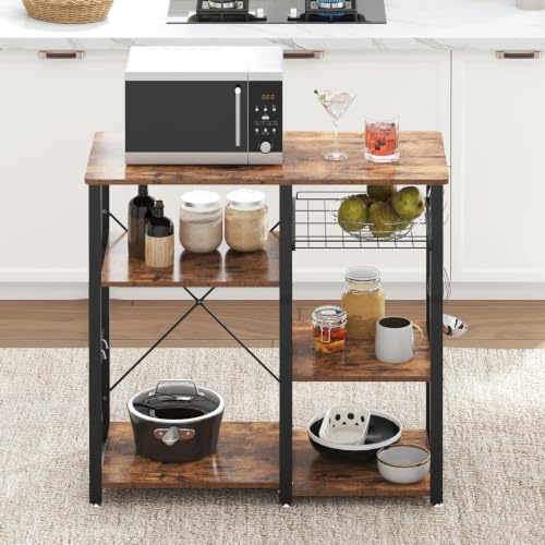 soges 3-Tier Kitchen Baker's Rack, Compact Microwave Stand, Rustic Brown | Space-saving for Apartments, Kitchen, Pantry, Living Room, Sliding Storage Basket, 5 Hooks, Sturdy X-Frame, Easy Assembly - color: Rustic Brown
