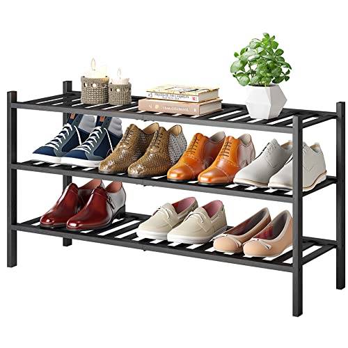 Long Shoe Rack, 3-Tier Bamboo Stackable Shoe Shelf Storage Organizer, Shoe Stand for Closet, Entryway and Hallway - color: Black, size: 3-Tier-Long