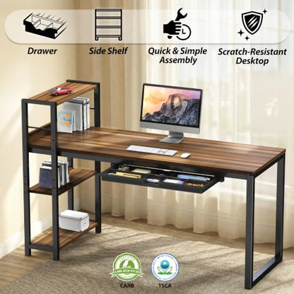 SHW 46-Inch Home Office Computer Desk w/Side Shelf & Drawer, Walnut | w/ Reversible Adjustable Shelf | Drawer with adjustable compartments - color: Walnut