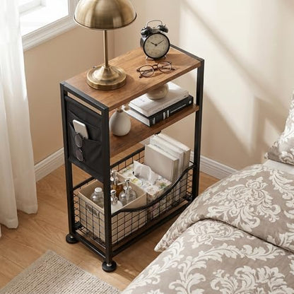 Skinny Side Table with Storage, 3 Tier Slim Side Tables for Small Spaces, Skinny End Table Narrow Bedside Table Narrow Side Table for Living Room, Bedroom - color: Rustic Brown