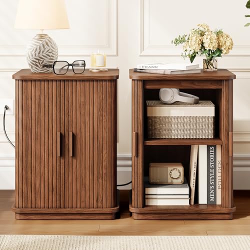ONBRILL Square End Table with Charging Station, Fluted Storage Nightstand | Mid-Century Modern Accent Side Table with Sliding Door & Sturdy Pedestal, for Small Space, Living Room, Bedroom, Walnut - color: Walnut
