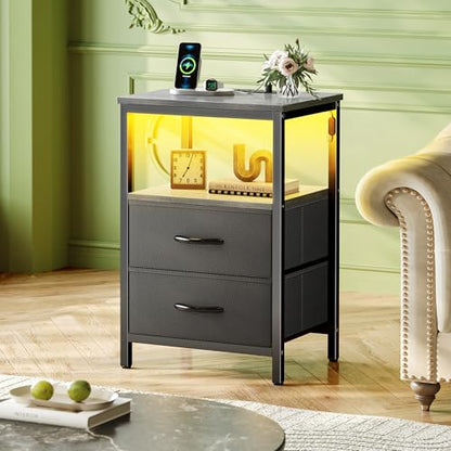 Huuger Night Stand with Charger Station and LED Lights, 2 Drawer Nightstand, Bed Side Table with Open Shelf, End Table, Fabric Dresser for Bedroom, Grey - color: Grey, size: 11.8"D x 15.7"W x 23.6"H（2 Drawers）