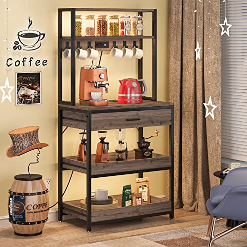 LITTLE TREE Kitchen Baker’s Rack with Power Outlets, Freestanding 5-Tier Microwave Stand with Drawers & Sliding Shelves, Coffee Bar with 6 Hooks for Dining Room Living Room, Grey & Black - color: Grey Black