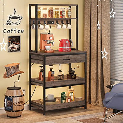 LITTLE TREE Kitchen Baker’s Rack with Power Outlets, Freestanding 5-Tier Microwave Stand with Drawers & Sliding Shelves, Coffee Bar with 6 Hooks for Dining Room Living Room, Grey & Black - color: Grey Black