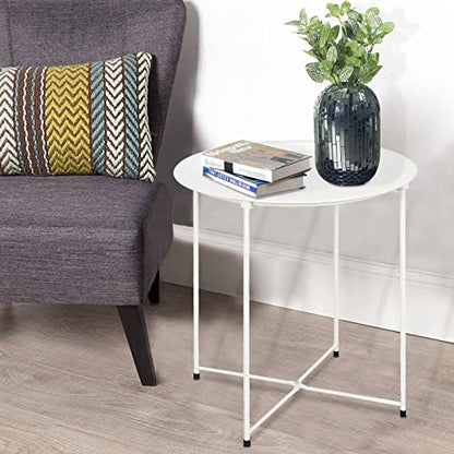 Garden 4 you End Table Metal Side Table White Round Folding Tray Cyan Sofa Small Accent Fold-able Table, Round End Table Tray, Next to Sofa Table, Snack Table for Living Room and Bed Room - color: White