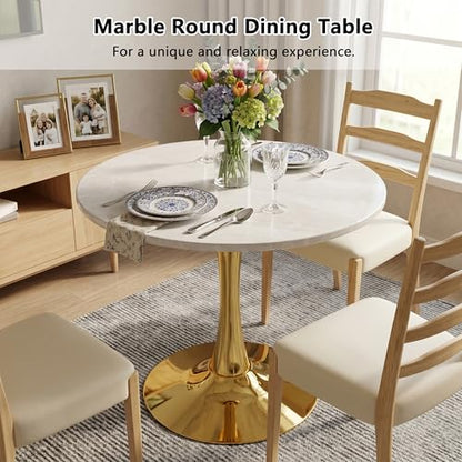 27.6" Marble Round Tulip Table, Mid-Century Modern Style Dining Table with Gold Pedestal Base for 2-4 People, Featuring A Marble Tabletop for Kitchen, Dining Room, Cafe (Grayish White) - color: Grayish White#gold