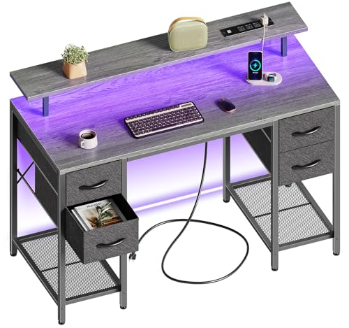 Huuger 47 inch Computer Desk with 4 Drawers, Gaming Desk with LED Lights & Power Outlets, Home Office Desk with Large Storage Space for Bedroom, Work from Home, Grey - color: Grey, size: 47 Inch