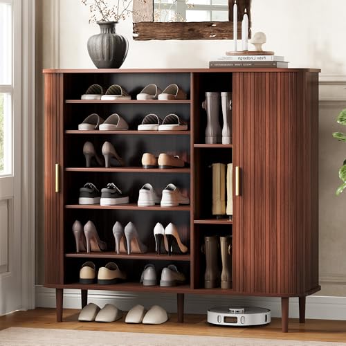 DHH Shoe Storage Cabinet with Sliding Door, 6-Tier Shoe Cabinet with Adjustable Shelves, Modern Freestanding Shoe Storage Organizer for Entryway, Hallway, Living Room (Walnut, 47 ") - color: Walnut, size: 47 "