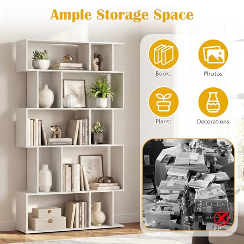 GOFLAME 5-Tier Geometric Bookshelf, 62” Tall Bookcase with 10 Open Back & Closed Back Cubes, Modern Display Book Shelf, S-Shaped Storage Organizer for Living Room, Home Office (1,White) - color: White