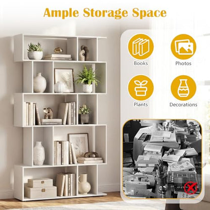 GOFLAME 5-Tier Geometric Bookshelf, 62” Tall Bookcase with 10 Open Back & Closed Back Cubes, Modern Display Book Shelf, S-Shaped Storage Organizer for Living Room, Home Office (1,White) - color: White