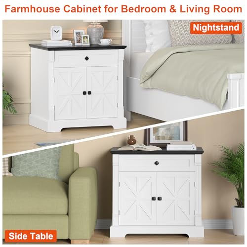 Farmhouse Printer Stand with Storage, 29.9" Wide Home Office Printer Cabinet with Drawer & Barn Doors, Wood Accent Cabinet Nightstand End Table for Living Room Bedroom, Black Top & White Finish