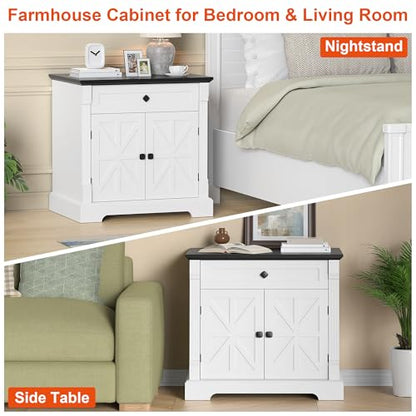 Farmhouse Printer Stand with Storage, 29.9" Wide Home Office Printer Cabinet with Drawer & Barn Doors, Wood Accent Cabinet Nightstand End Table for Living Room Bedroom, Black Top & White Finish