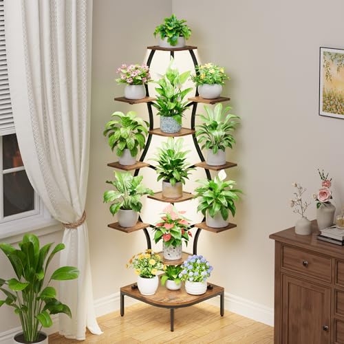 LATIBELL 72'' Tall Corner Plant Stand Indoor with Grow Light - 11 Tiered Metal Plant Shelf for Indoor Plants, Curved Display Rack Capable of Holding Large Pots in Living Room, Patio & Balcony, Black