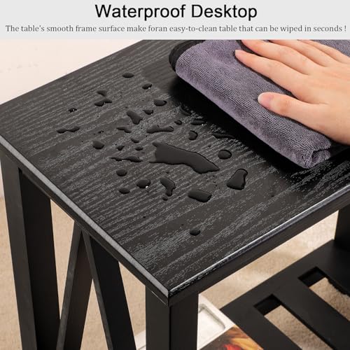 Narrow Side Table with Storage Shelf 2 Tier Wooden Nightstand Bedside Tables for Small Spaces Black Modern Accent Sofa Side Tables for Couch Living Room Bedroom Entryway - color: Wood Grain Black