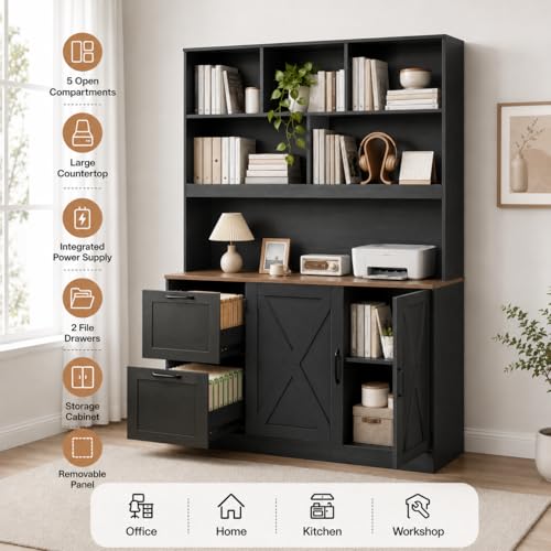 NORTHSKY 72'' Tall Bookshelf with Power Outlet, 2 Drawer File Cabinet for A4 Hanging Files, 3-Tier Open Shelves & Closed Storage Cabinets, Multifunctional Printer Stand - Black