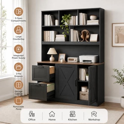 NORTHSKY 72'' Tall Bookshelf with Power Outlet, 2 Drawer File Cabinet for A4 Hanging Files, 3-Tier Open Shelves & Closed Storage Cabinets, Multifunctional Printer Stand - Black