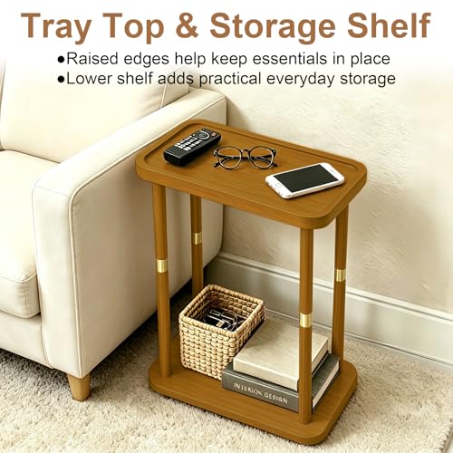 Solid Wood Narrow Side Table, 7.5-Inch Slim End Table for Small Spaces, Skinny Nightstand & Sofa Table with Storage Shelf for Living Room, Bedroom, Amber Brown - color: Amber Brown