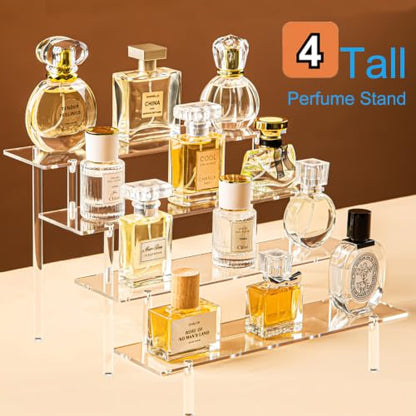 HENABLE 4 Tier Tall Clear Acrylic Display Risers, Large Perfume Organizer Stand for Perfume, Cologne, Skincare, Cosmetics, Funko POP Figures, Cupcake & Party Dessert Display - size: 4-Tier Tall