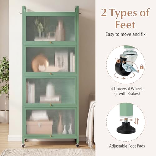 LDAILY 5-Tier Kitchen Storage Cabinet, Mobile Microwave Stand with Metal Frame, Double Anti-toppling Device, 4 Rolling Casters, Freestanding Bakers Rack for Kitchen, Dining Room, Living Room (Green) - color: Green