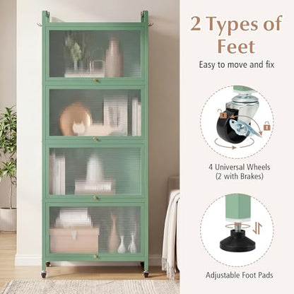 LDAILY 5-Tier Kitchen Storage Cabinet, Mobile Microwave Stand with Metal Frame, Double Anti-toppling Device, 4 Rolling Casters, Freestanding Bakers Rack for Kitchen, Dining Room, Living Room (Green) - color: Green