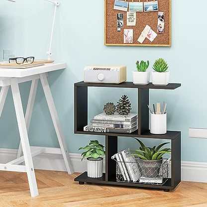 Tangkula 2 Tier Geometric Bookshelf, Freestanding Wood Display Shelf, Home Office Room Divider S Shaped Open Bookcase, Small Bookshelf for Small Spaces, Living Room, Study (Black, 1) - color: Black, size: 1