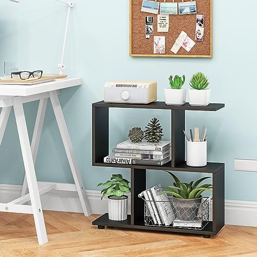 Tangkula 2 Tier Geometric Bookshelf, Freestanding Wood Display Shelf, Home Office Room Divider S Shaped Open Bookcase, Small Bookshelf for Small Spaces, Living Room, Study (Black, 2) - color: Black, size: 2