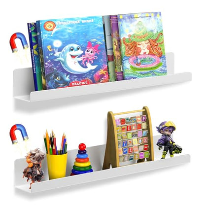 2 Pack Magnetic Book Shelf for Whiteboard, 17 Inch Heavy Duty Metal Magnetic Shelves, Holds 12 lbs, Magnetic Book Display for Classroom Furniture, Office - White - color: White