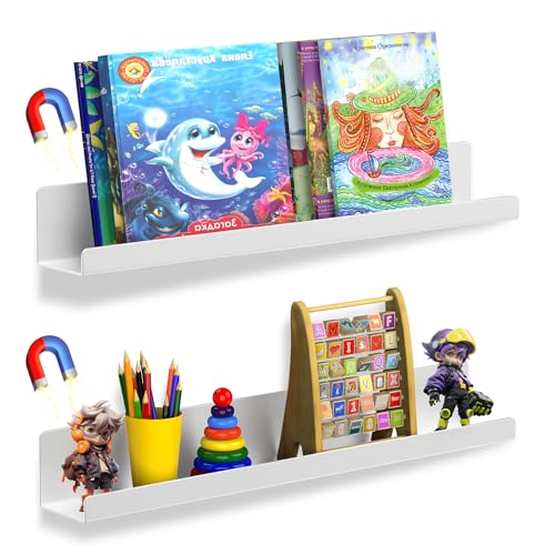2 Pack Magnetic Book Shelf for Whiteboard, 17 Inch Heavy Duty Metal Magnetic Shelves, Holds 12 lbs, Magnetic Book Display for Classroom Furniture, Office - White - color: White